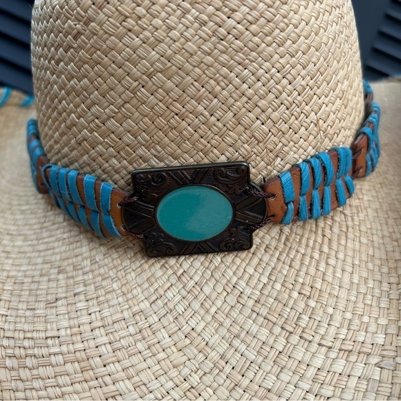 Bullhide Woven Straw Cowboy Hat With Turquoise Details, Size Small - Picture 11 of 16